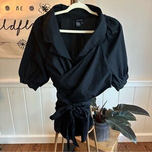 SANDRO Black Wrap Tie Blouse